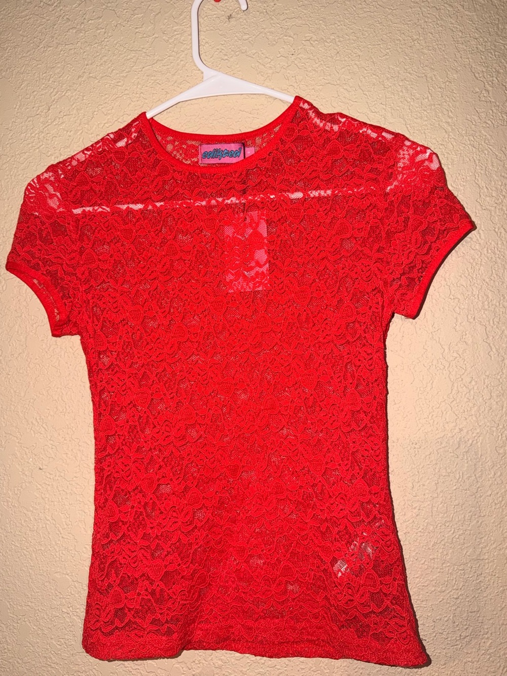 Edikted Red Lace Short-Sleeve Sheer Top